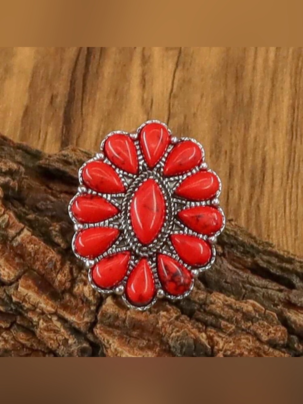 Western Ring Red Floral Statement Ring - Women Accessories